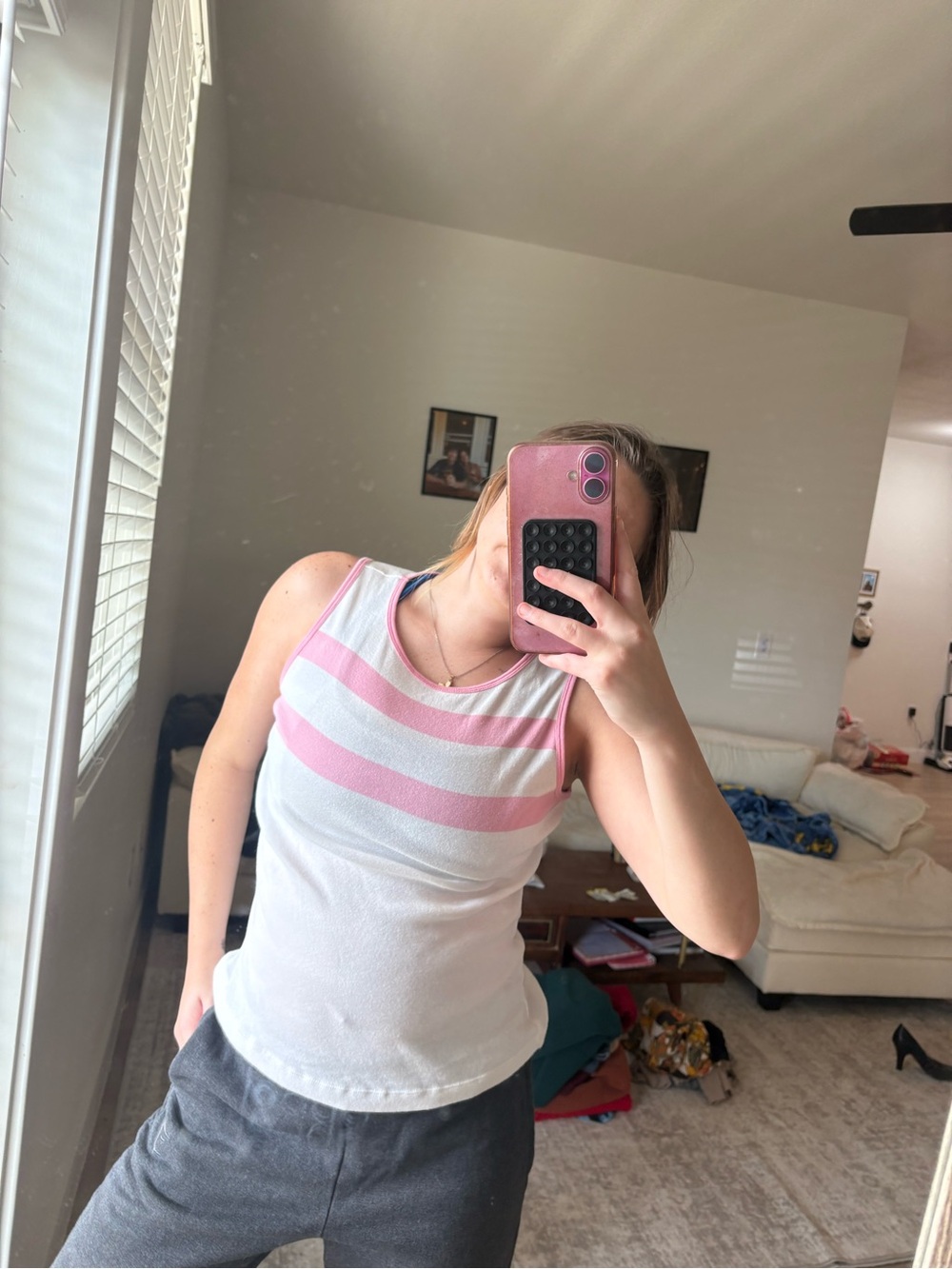 Chaps White Tank Top with Pink Stripes